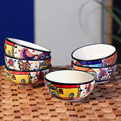 Freakway Hut-Handcrafted Multicolored Ceramic Floral Bowls Set Ceramic Vegetable Bowl/Dessert Bowl/Soup Bowl (Multicolor, Pack of 6)(180 ML)