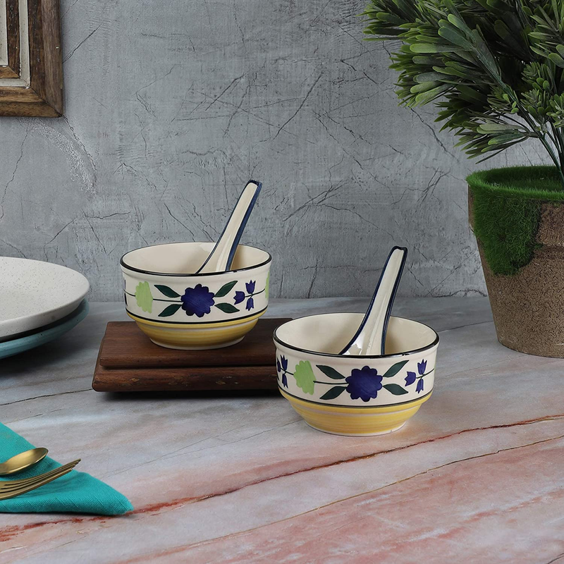 The Decor Lane Handpainted Floral Pattern Ceramic Soup Bowls with Matching Spoons (Set of 2)