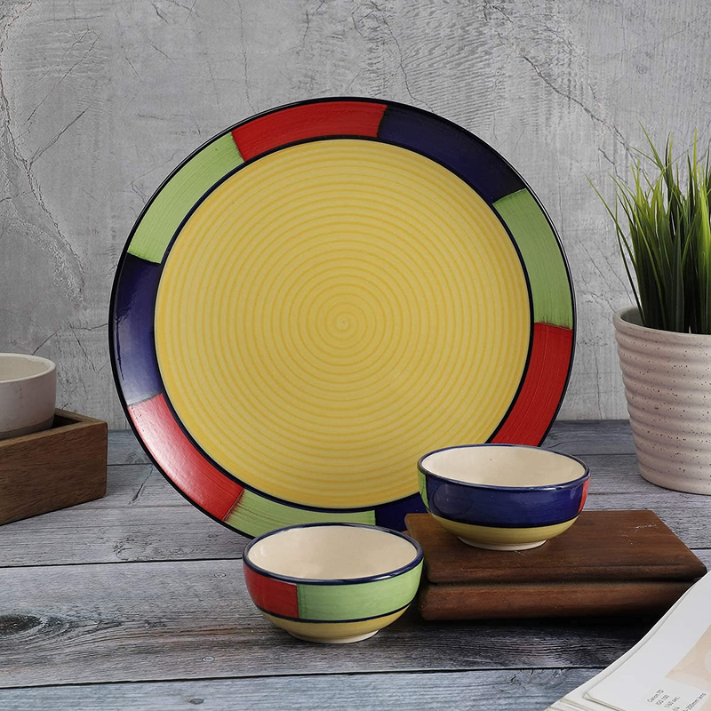 The Decor Lane Handpainted Dinnerware Ceramic Dinner Plate And Bowl Set (1 Plate, 2 Bowls, Multicolour)