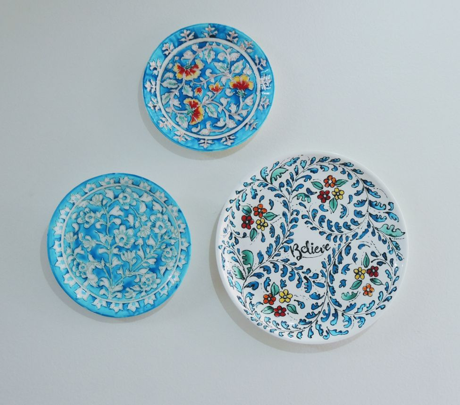 Set Of 3 Ceramic Wall Plates handpainted with blue pottery designs